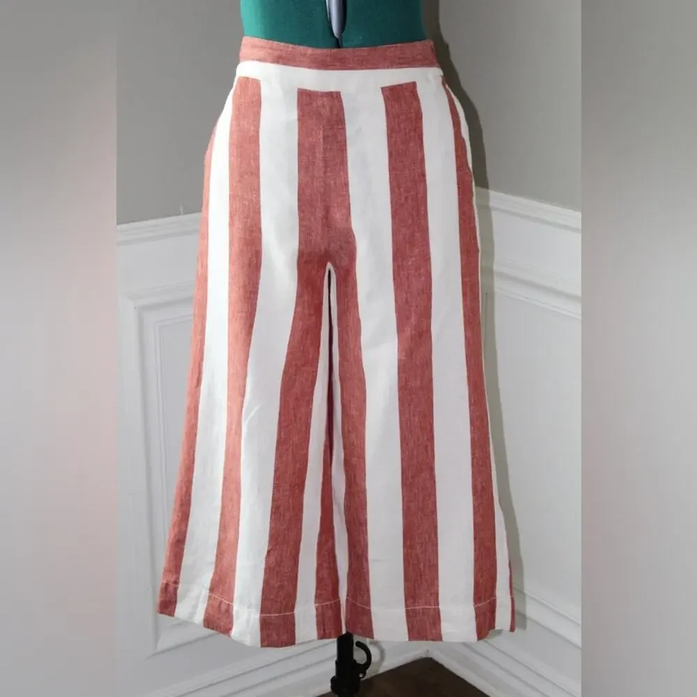 Madewell Huston Wide Leg Linen Crop Pants Red White Stripe Linen Pull-On Small - Picture 4 of 9